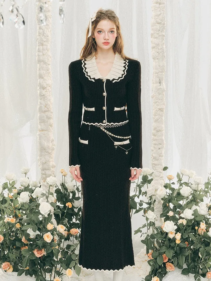 Bicolor Lib Knitted Cardigan & Hip-hugging Skirt