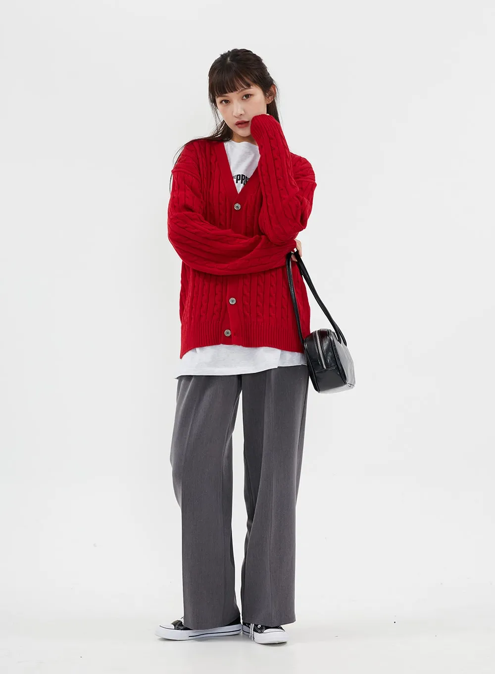 Cable Knit Relaxed Fit Cardigan C7102