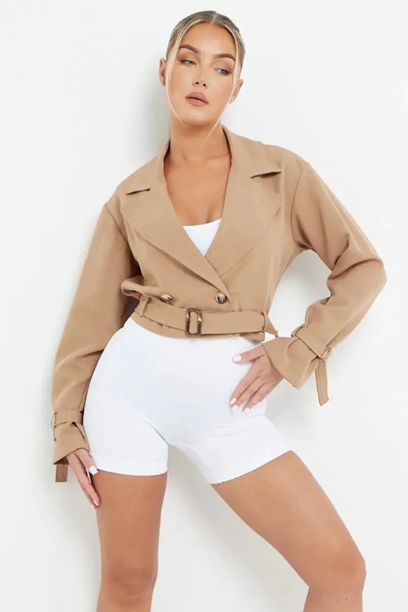 Camel  Notch Lapel Belt Decor Short Jacket
