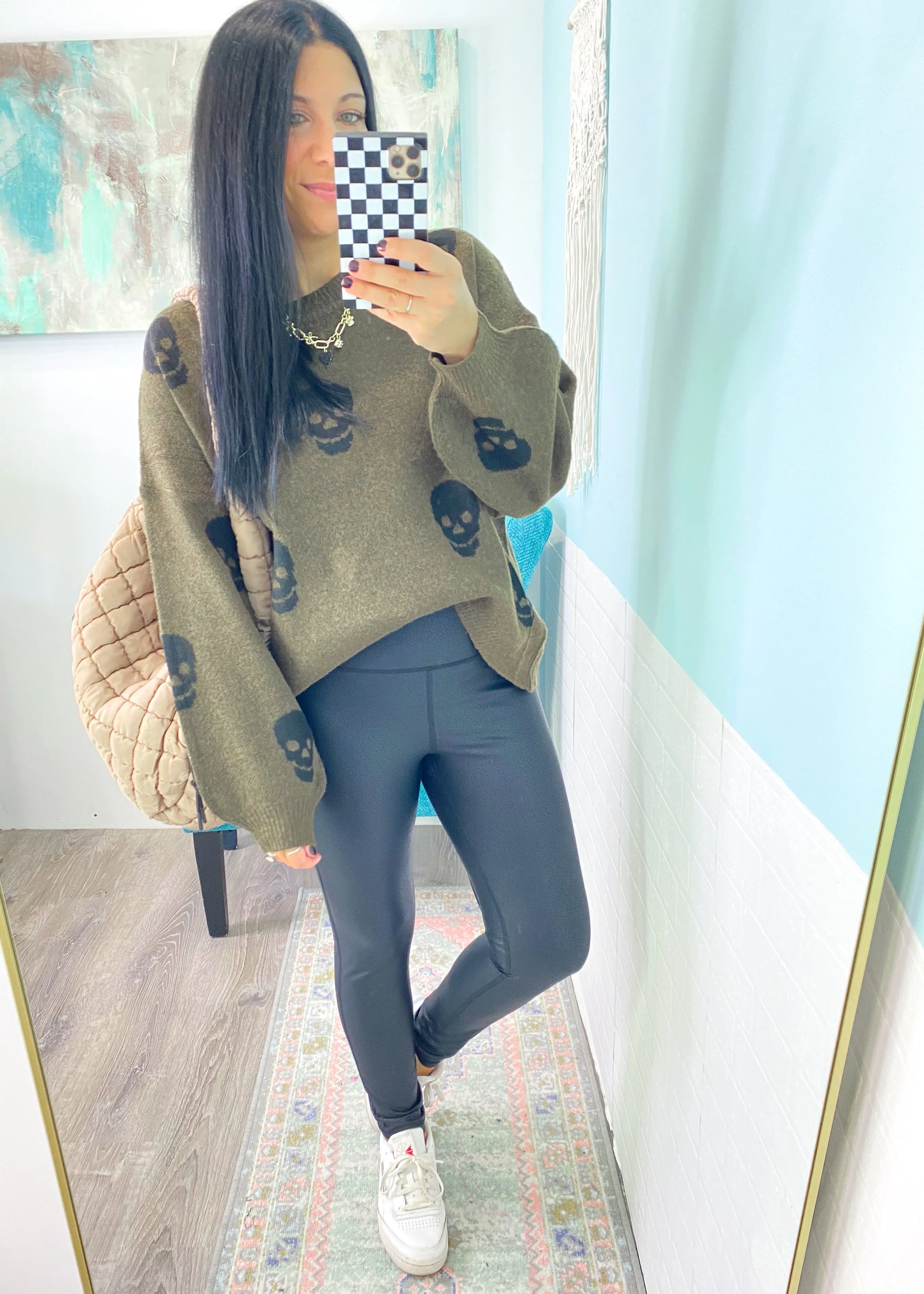 'Field of Nightmares' Olive Oversized Sweater with Black Skulls