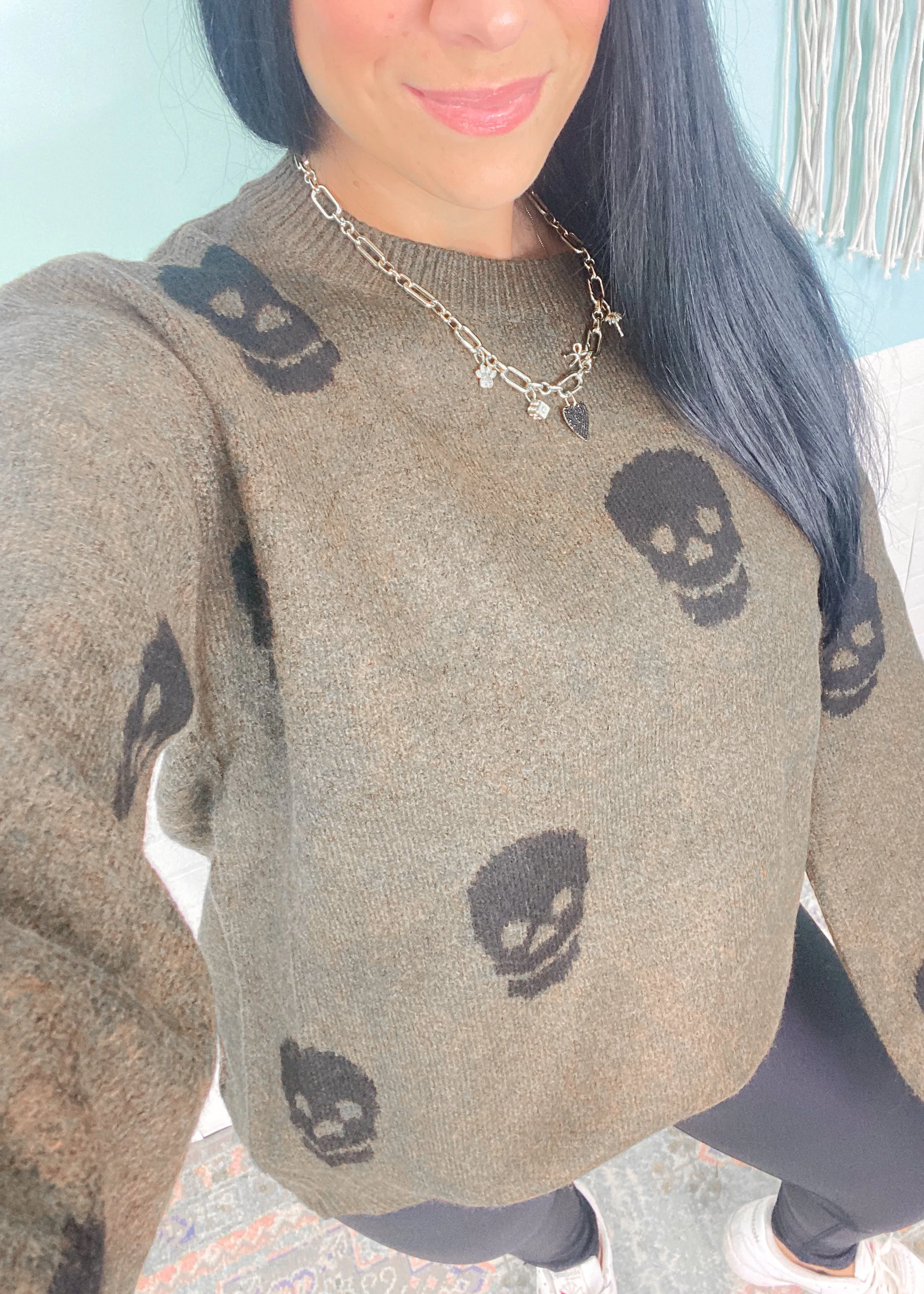 'Field of Nightmares' Olive Oversized Sweater with Black Skulls