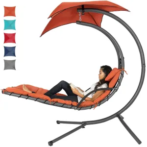 Hanging Curved Chaise Lounge Chair w/ Built-In Pillow, Removable Canopy
