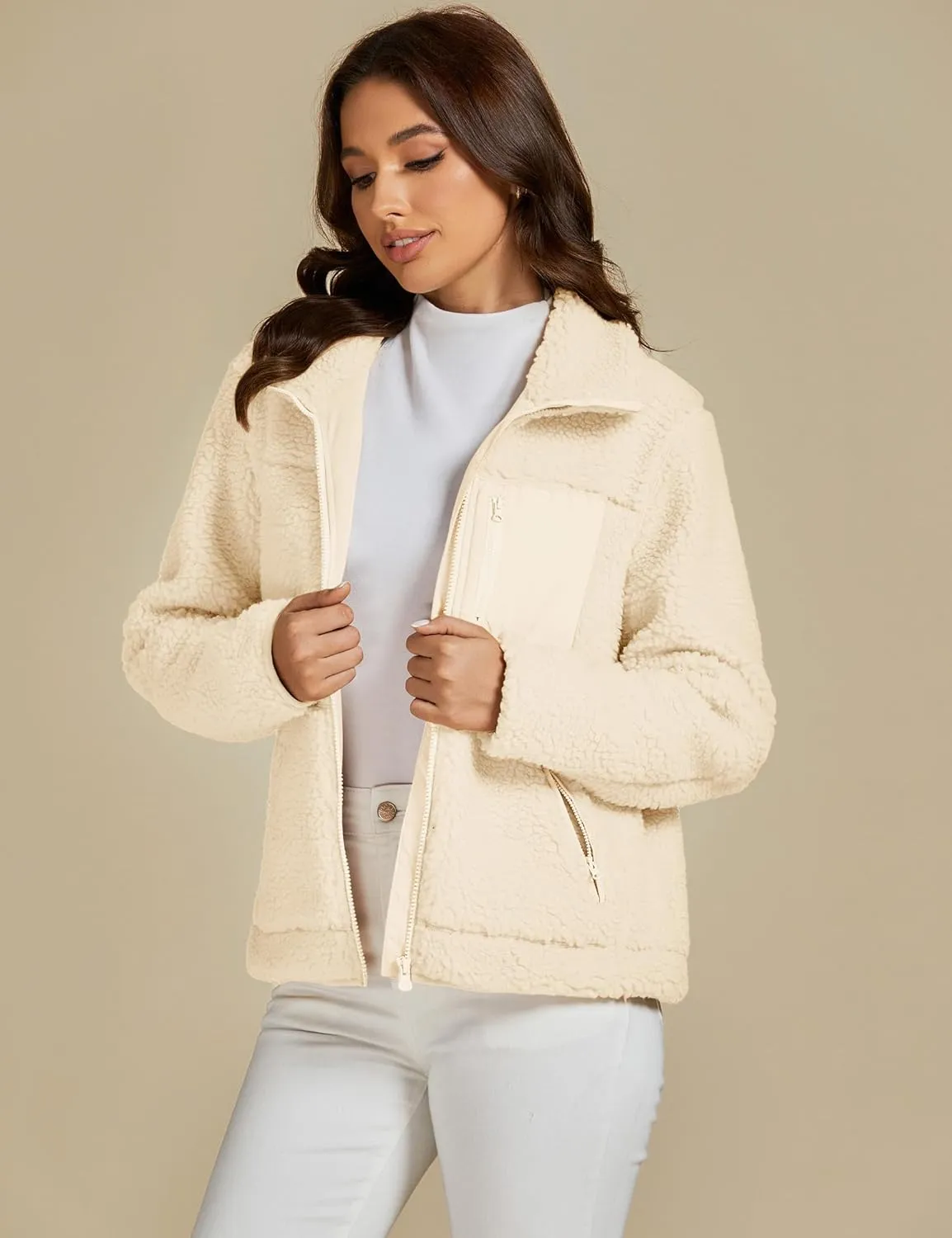luvamia Sherpa Jackets for Women Trendy Zip Up Long Sleeve Winter Fall Casual Warm Fleece Coat Jackets with Pockets