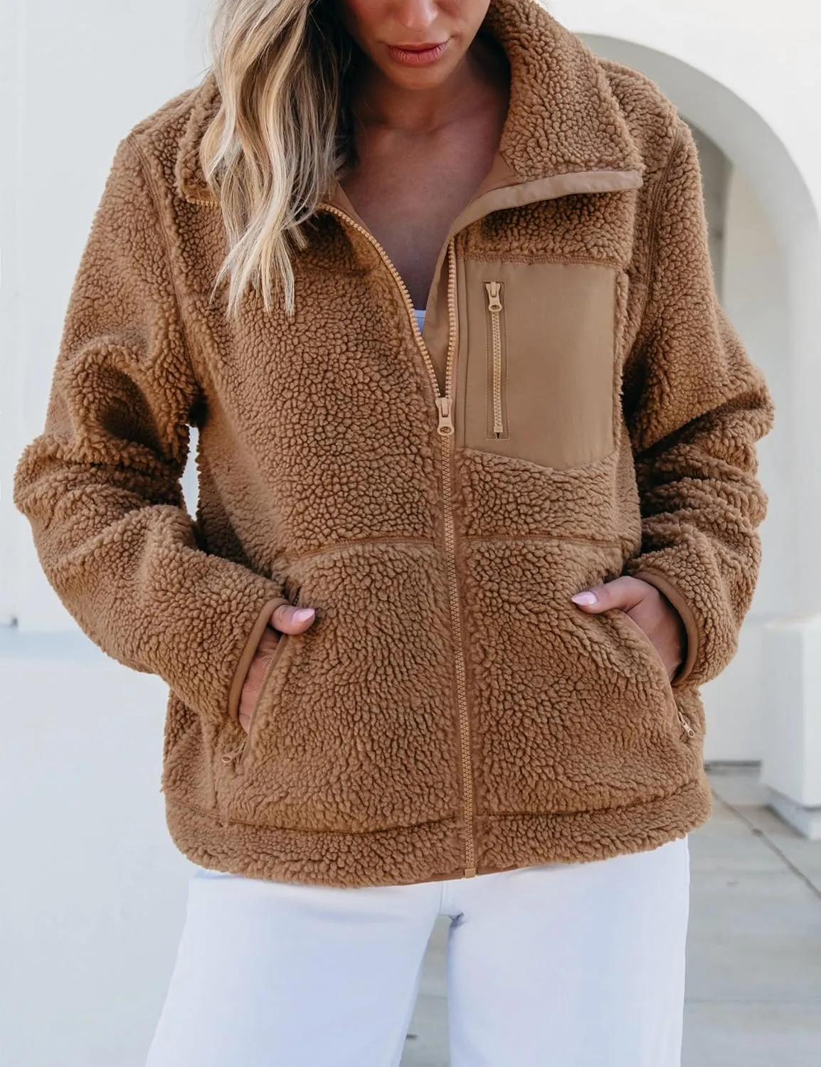 luvamia Sherpa Jackets for Women Trendy Zip Up Long Sleeve Winter Fall Casual Warm Fleece Coat Jackets with Pockets
