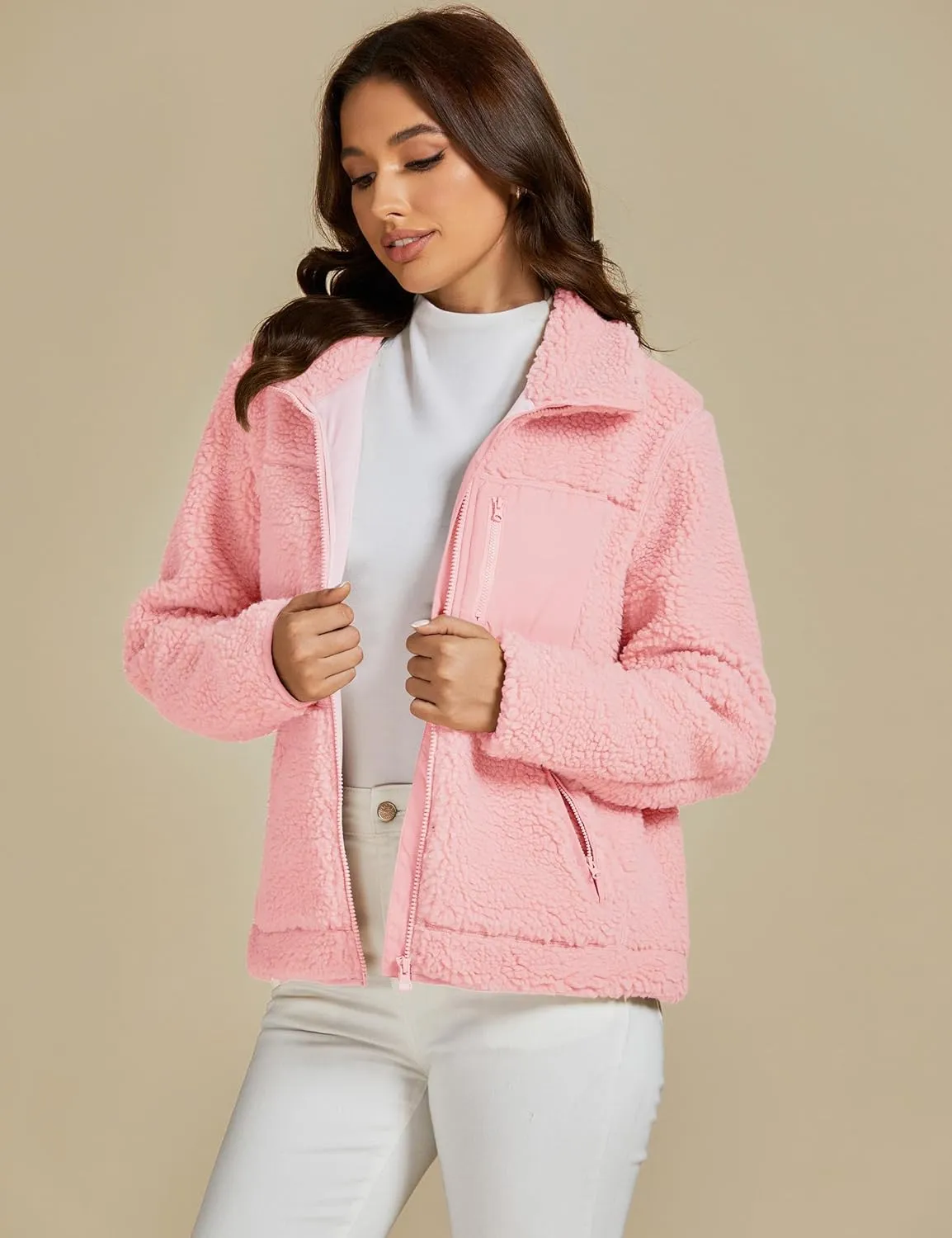 luvamia Sherpa Jackets for Women Trendy Zip Up Long Sleeve Winter Fall Casual Warm Fleece Coat Jackets with Pockets