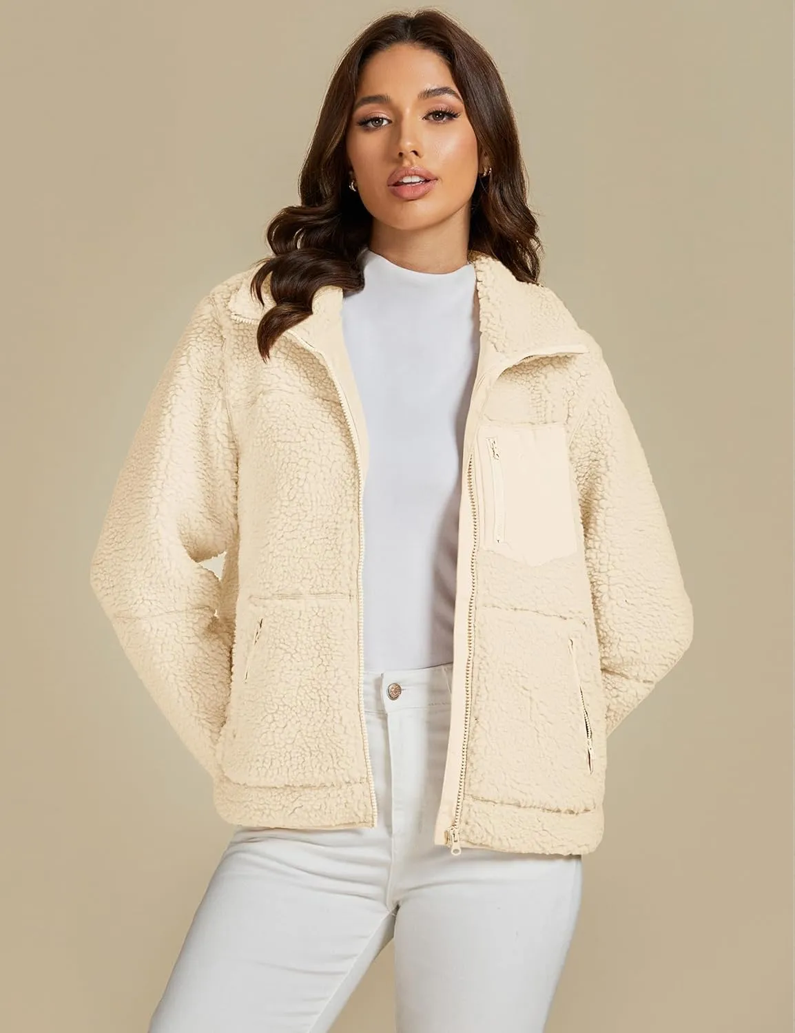 luvamia Sherpa Jackets for Women Trendy Zip Up Long Sleeve Winter Fall Casual Warm Fleece Coat Jackets with Pockets