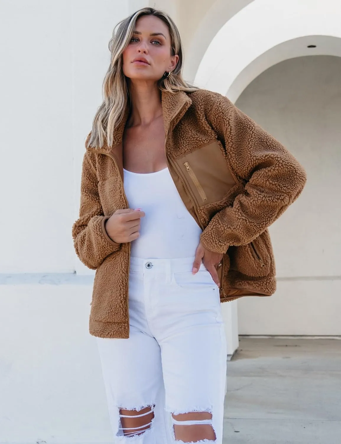 luvamia Sherpa Jackets for Women Trendy Zip Up Long Sleeve Winter Fall Casual Warm Fleece Coat Jackets with Pockets
