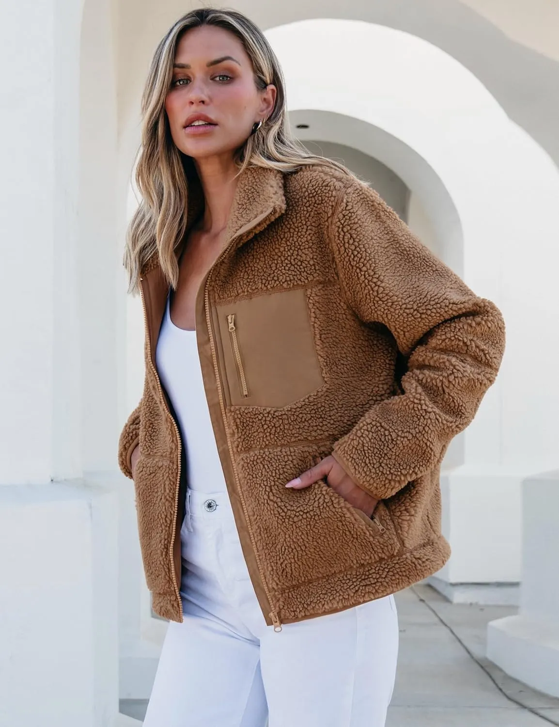 luvamia Sherpa Jackets for Women Trendy Zip Up Long Sleeve Winter Fall Casual Warm Fleece Coat Jackets with Pockets