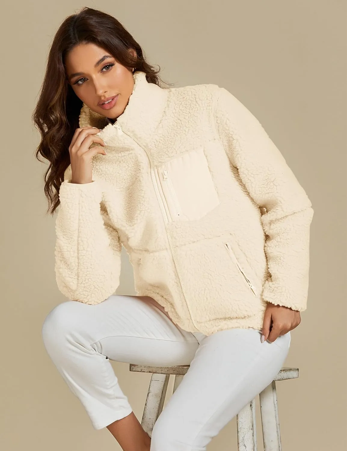 luvamia Sherpa Jackets for Women Trendy Zip Up Long Sleeve Winter Fall Casual Warm Fleece Coat Jackets with Pockets
