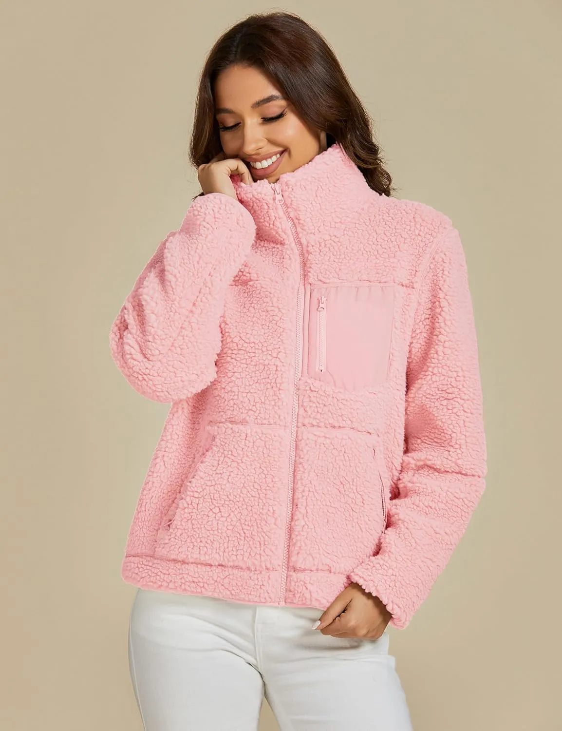 luvamia Sherpa Jackets for Women Trendy Zip Up Long Sleeve Winter Fall Casual Warm Fleece Coat Jackets with Pockets