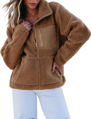 luvamia Sherpa Jackets for Women Trendy Zip Up Long Sleeve Winter Fall Casual Warm Fleece Coat Jackets with Pockets