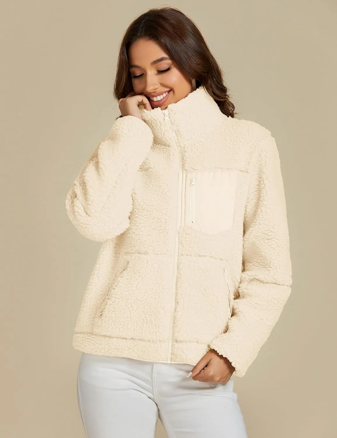 luvamia Sherpa Jackets for Women Trendy Zip Up Long Sleeve Winter Fall Casual Warm Fleece Coat Jackets with Pockets
