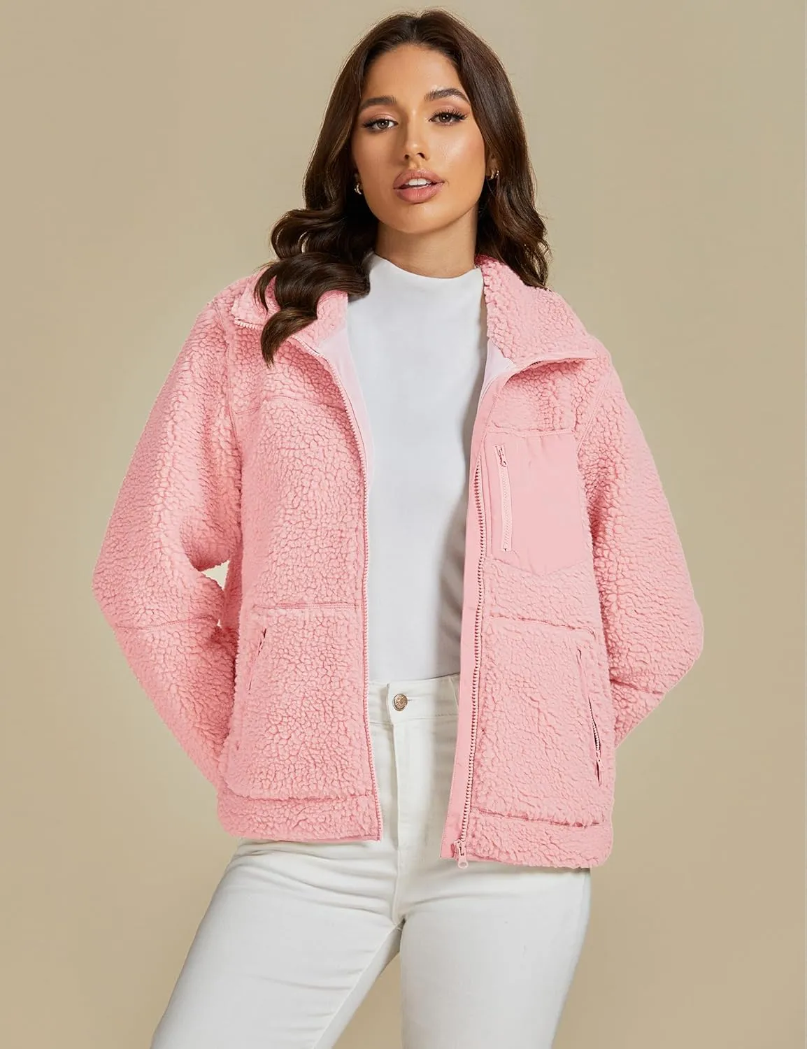 luvamia Sherpa Jackets for Women Trendy Zip Up Long Sleeve Winter Fall Casual Warm Fleece Coat Jackets with Pockets