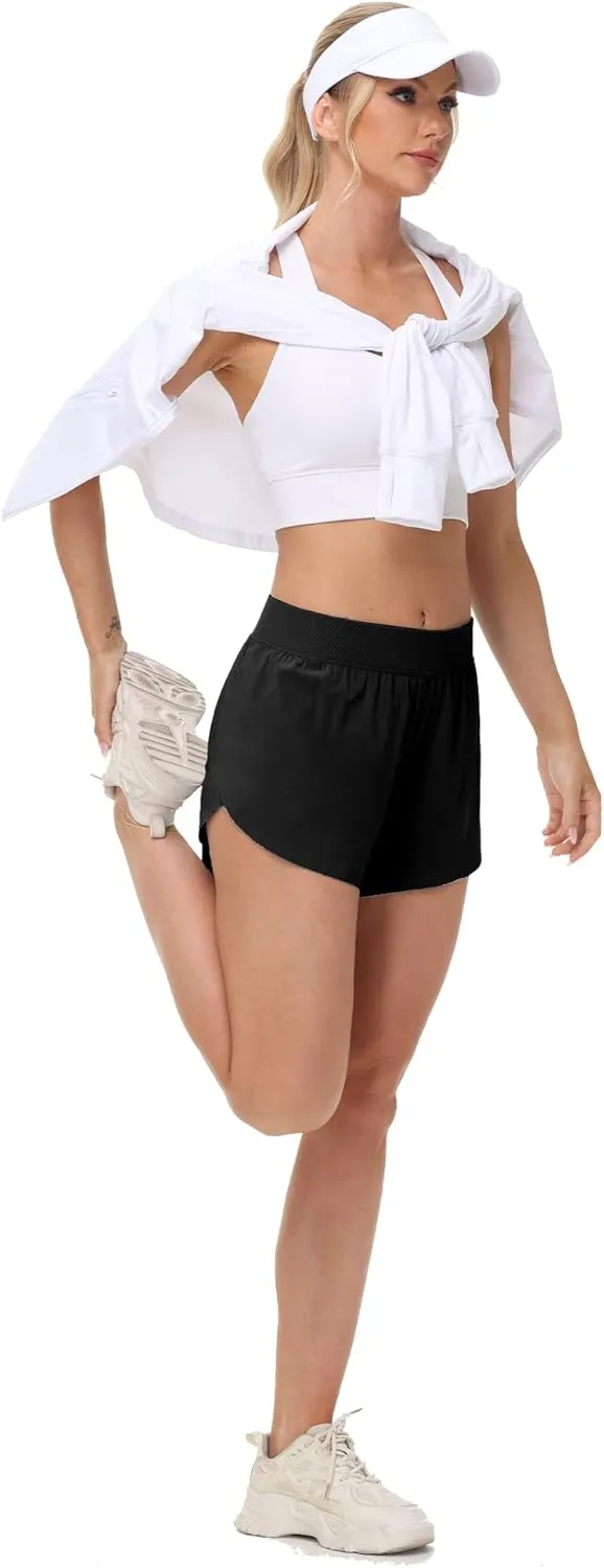 MCEDAR Women's Mid Waist Athletic Running Shorts 4" High Split for Dolphin Shorts with Comfy Mesh Liner for Gym Workout Track
