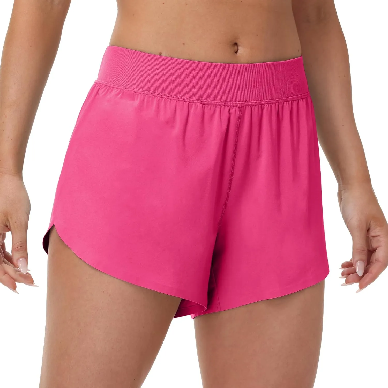 MCEDAR Women's Mid Waist Athletic Running Shorts 4" High Split for Dolphin Shorts with Comfy Mesh Liner for Gym Workout Track