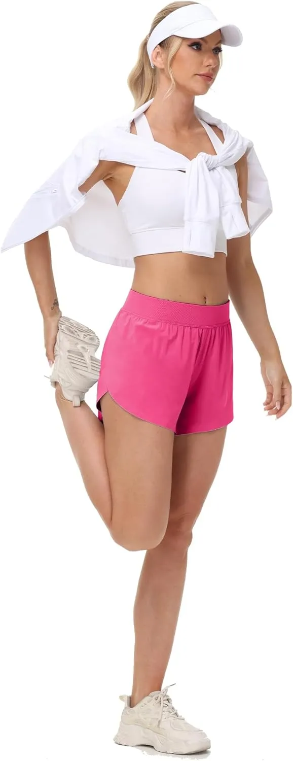 MCEDAR Women's Mid Waist Athletic Running Shorts 4" High Split for Dolphin Shorts with Comfy Mesh Liner for Gym Workout Track