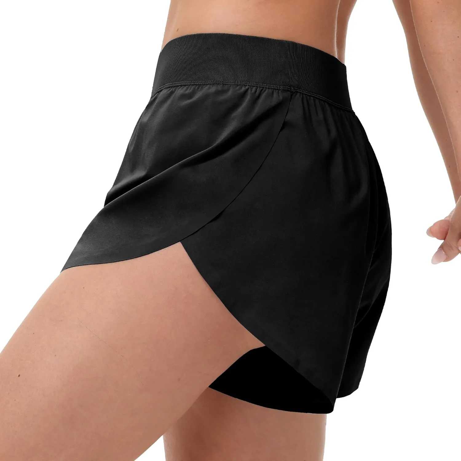 MCEDAR Women's Mid Waist Athletic Running Shorts 4" High Split for Dolphin Shorts with Comfy Mesh Liner for Gym Workout Track