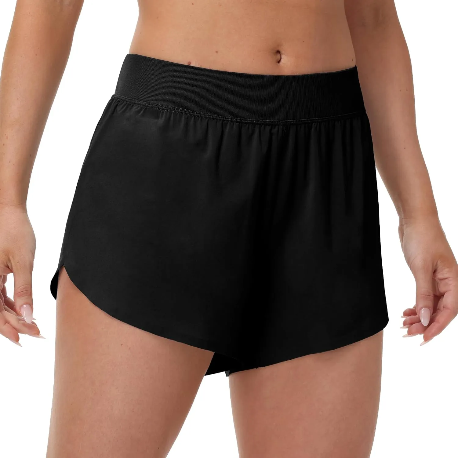 MCEDAR Women's Mid Waist Athletic Running Shorts 4" High Split for Dolphin Shorts with Comfy Mesh Liner for Gym Workout Track