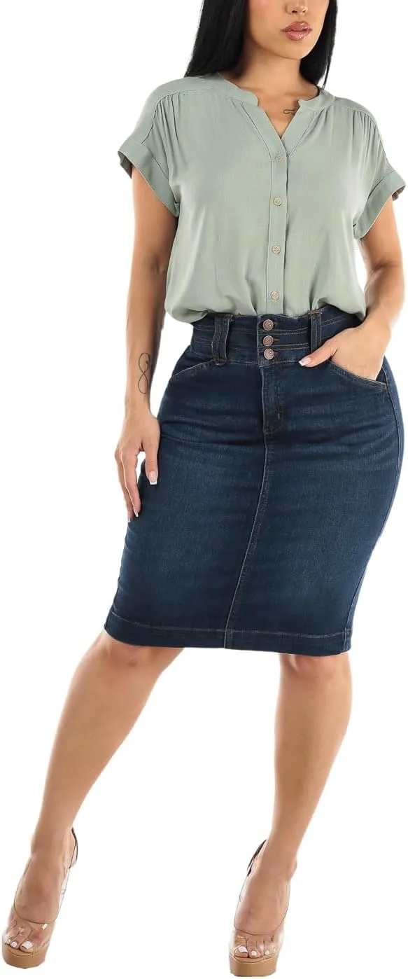 Moda Xpress Women's Stretchy Butt Lifting High Waisted Slim Fit Stylish Knee Length Soft Denim Pencil Skirt