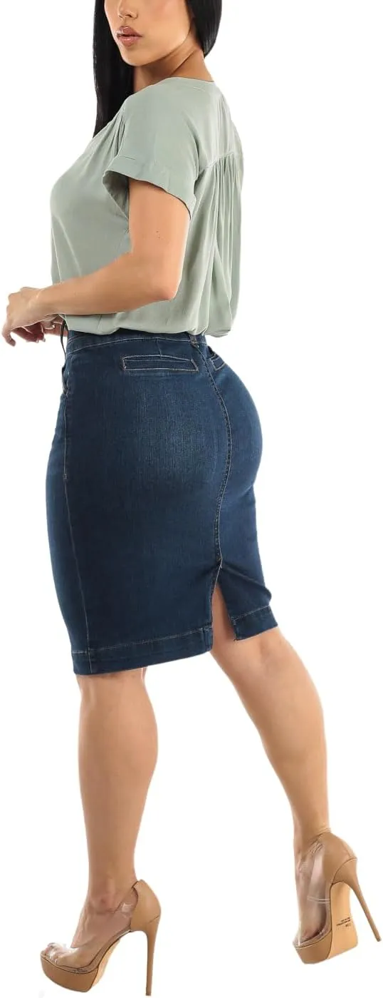Moda Xpress Women's Stretchy Butt Lifting High Waisted Slim Fit Stylish Knee Length Soft Denim Pencil Skirt