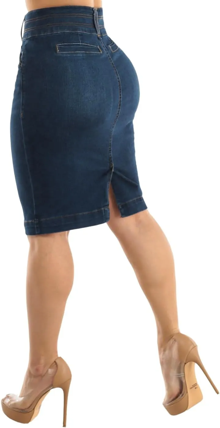 Moda Xpress Women's Stretchy Butt Lifting High Waisted Slim Fit Stylish Knee Length Soft Denim Pencil Skirt