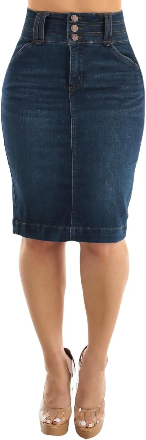 Moda Xpress Women's Stretchy Butt Lifting High Waisted Slim Fit Stylish Knee Length Soft Denim Pencil Skirt