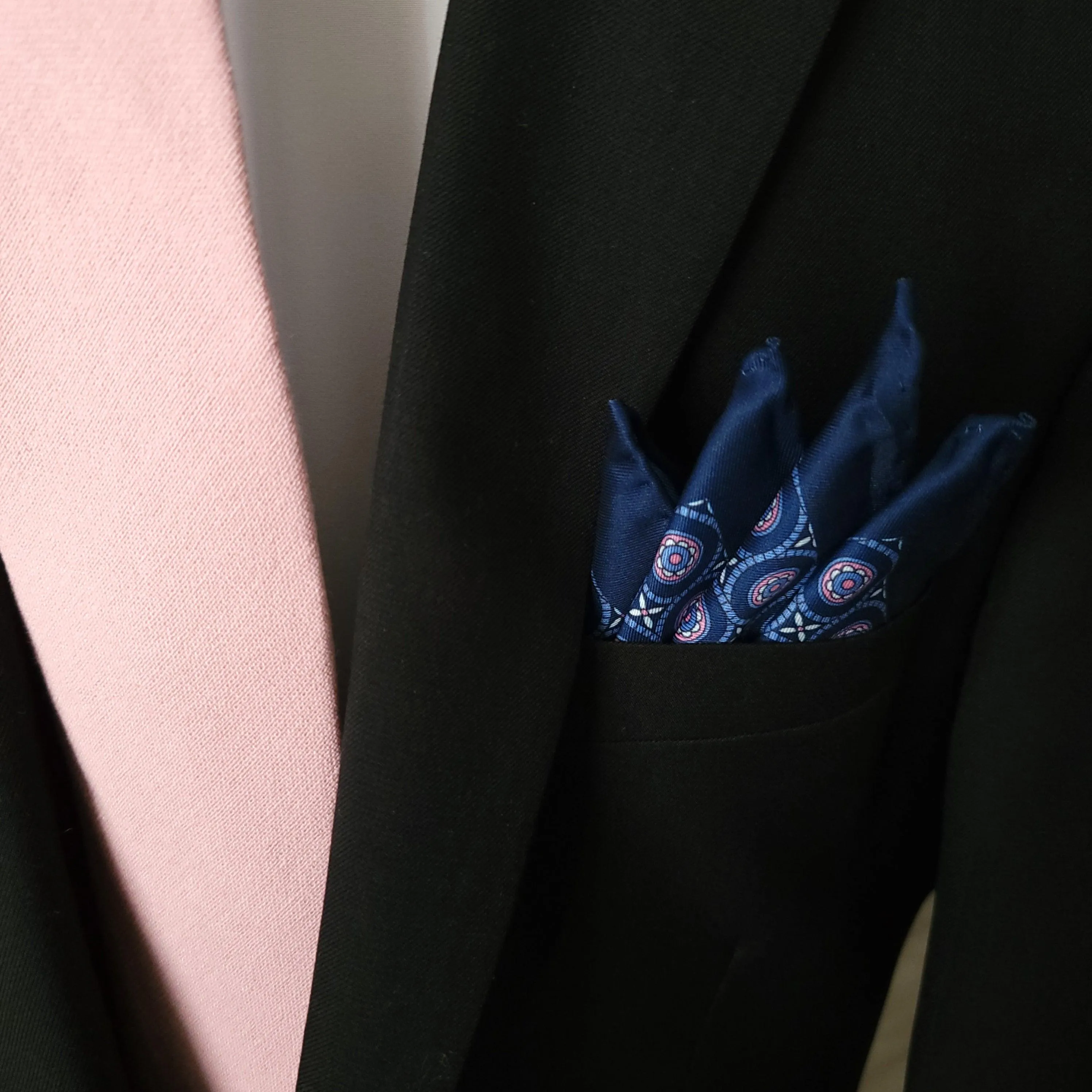 Navy Blue White Pink Dot Stylish and Elegant Silk Pocket Square