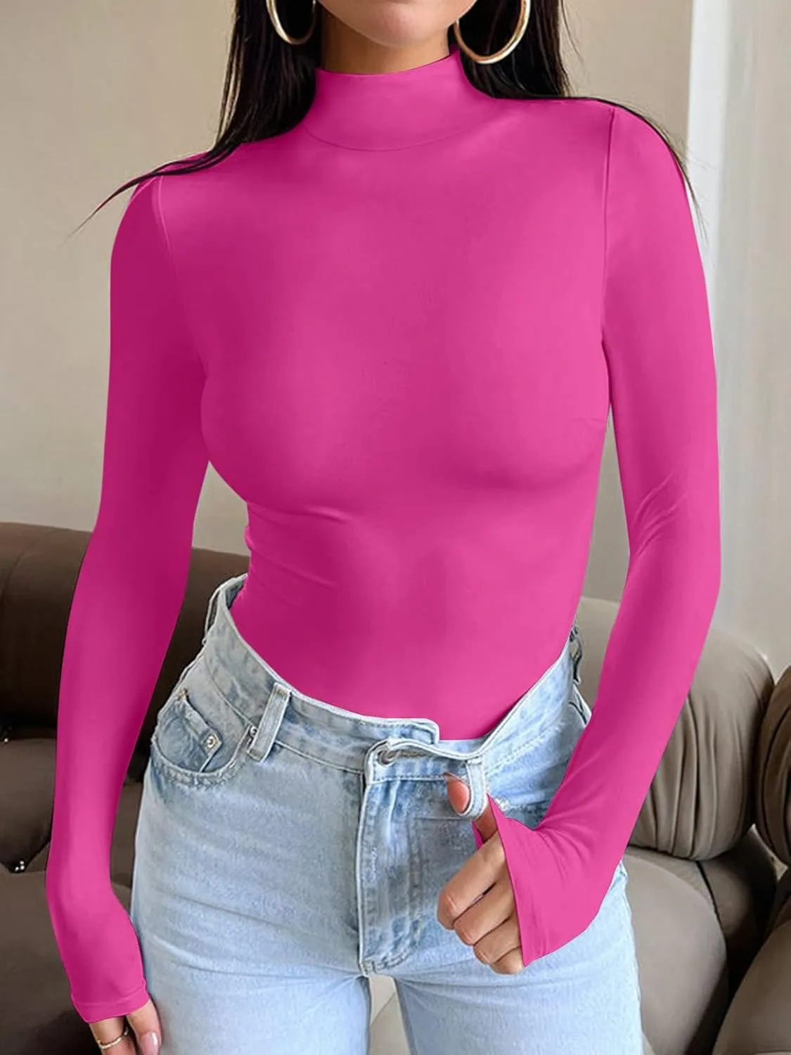 REORIA Women's Long Sleeve Mock Turtle Neck Tops Fall Winter Basic Double Lined Layering Lightweight Slim Fitted Shirts