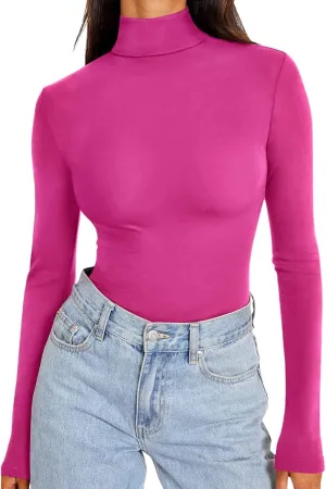 REORIA Women's Long Sleeve Mock Turtle Neck Tops Fall Winter Basic Double Lined Layering Lightweight Slim Fitted Shirts