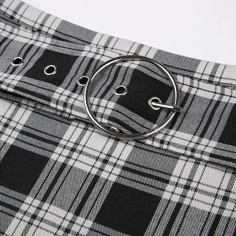 Vintage Belt Asymmetrical Plaid Midi Skirt