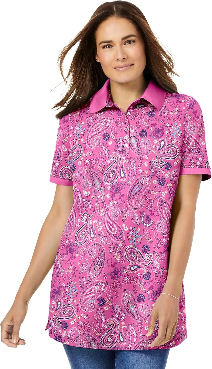 Woman Within Plus Size Perfect Printed Short-Sleeve Polo Shirt