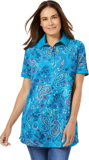 Woman Within Plus Size Perfect Printed Short-Sleeve Polo Shirt