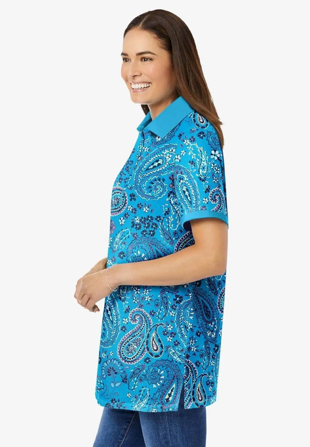 Woman Within Plus Size Perfect Printed Short-Sleeve Polo Shirt