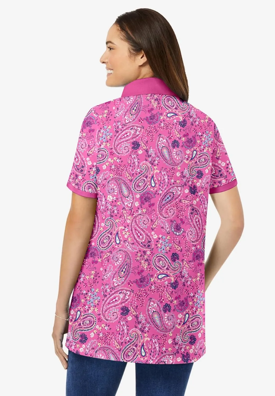 Woman Within Plus Size Perfect Printed Short-Sleeve Polo Shirt