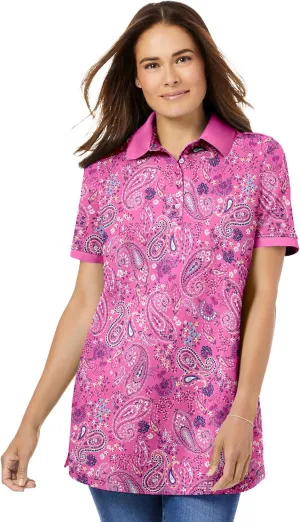 Woman Within Plus Size Perfect Printed Short-Sleeve Polo Shirt