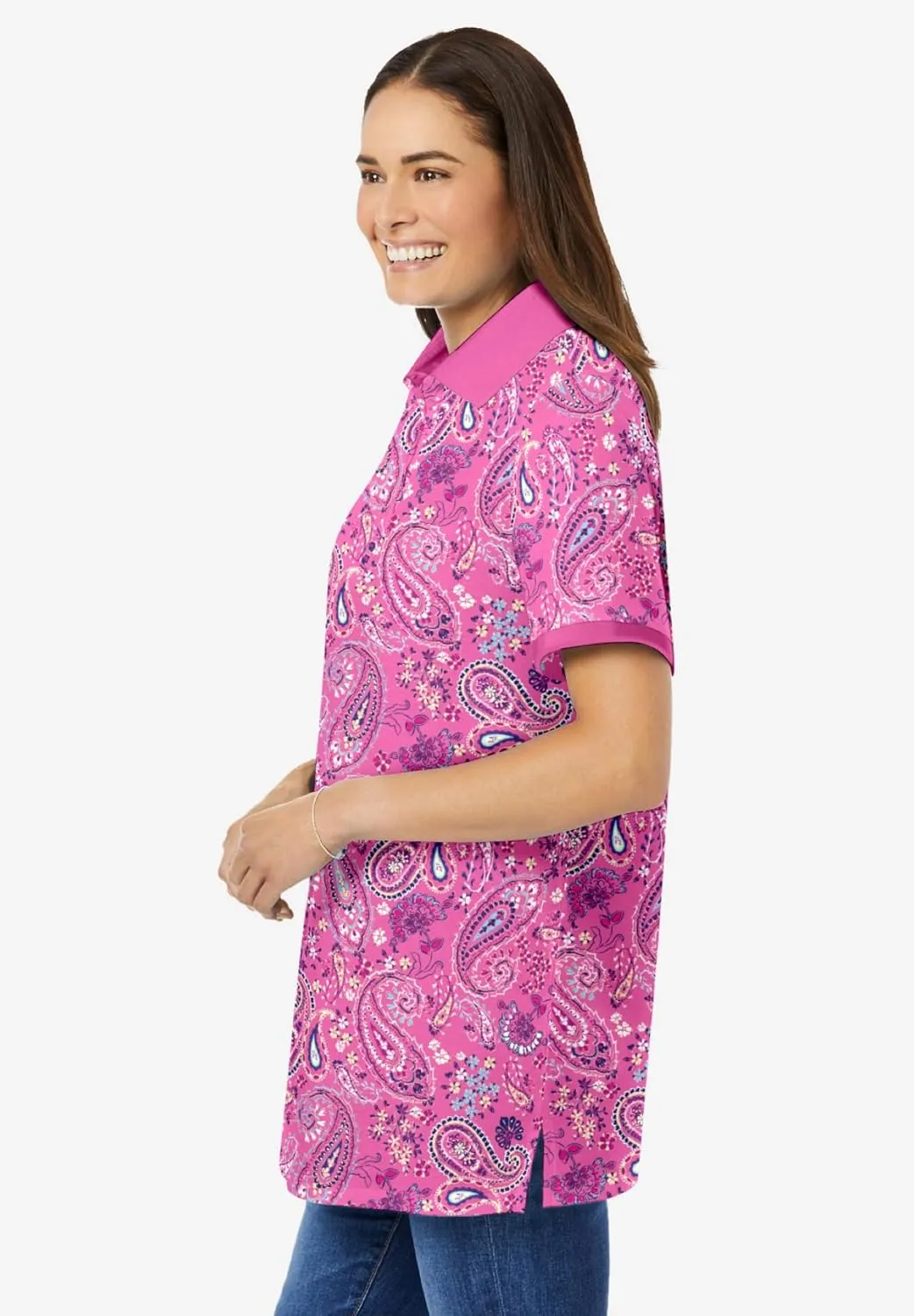 Woman Within Plus Size Perfect Printed Short-Sleeve Polo Shirt