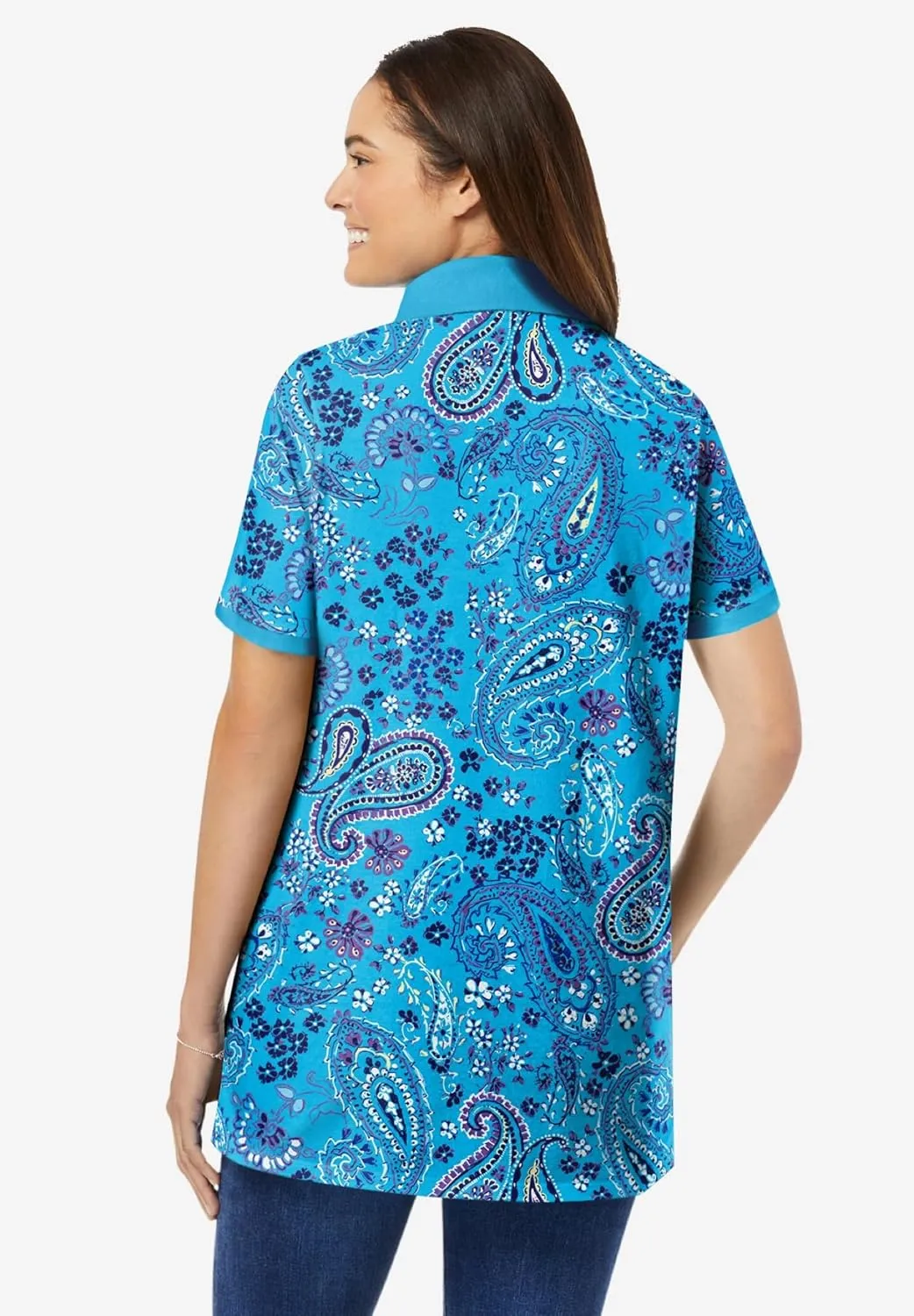 Woman Within Plus Size Perfect Printed Short-Sleeve Polo Shirt