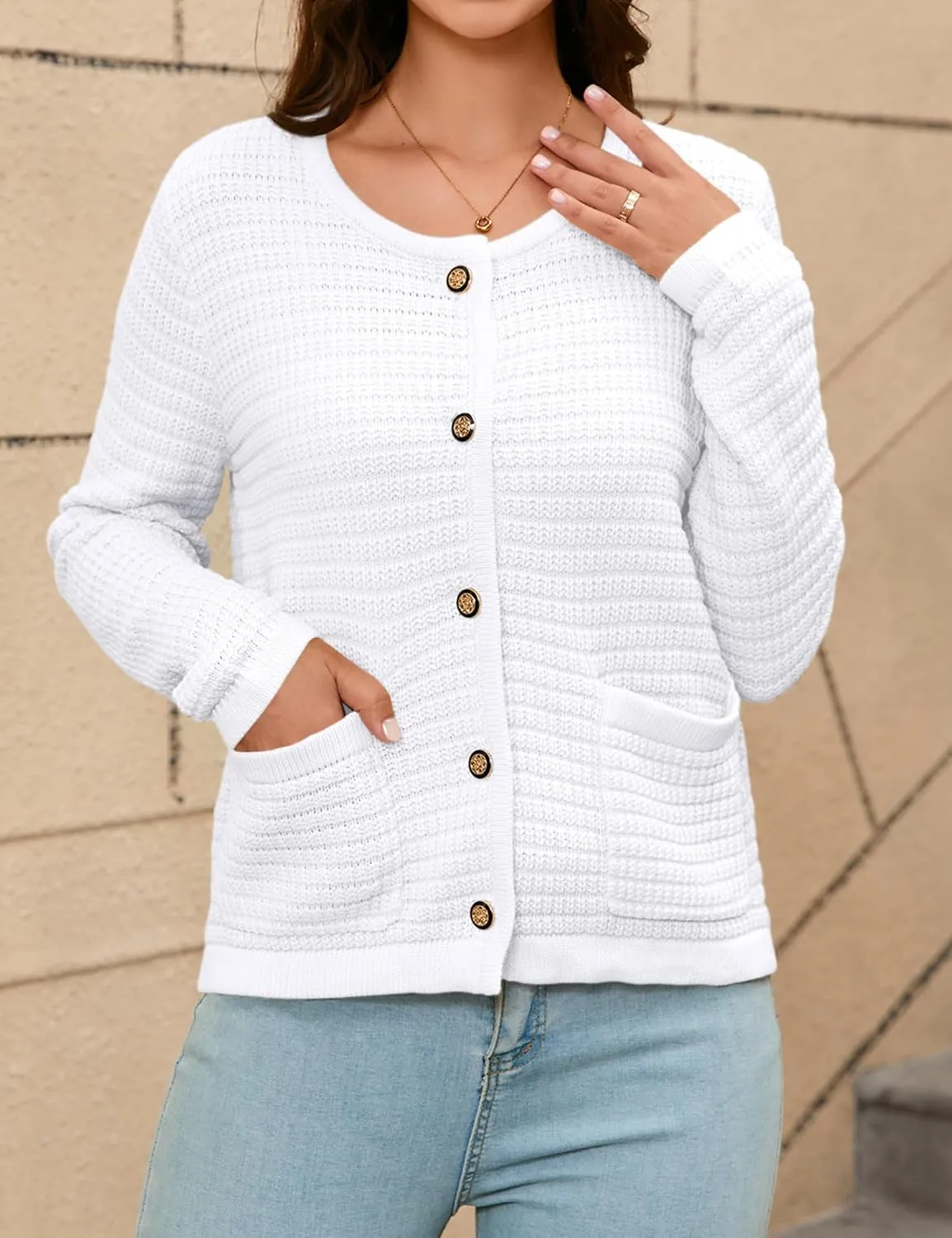 Women's Button Down Cardigan Sweater Chunky Open Front Crew Neck Causal Long Sleeve Knit Outwear with Pockets