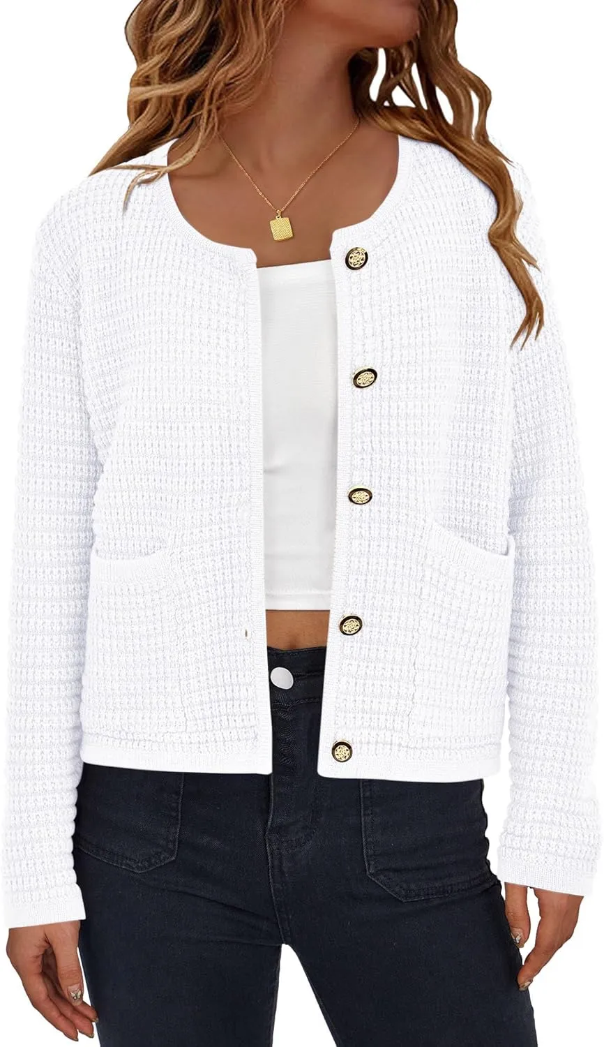 Women's Button Down Cardigan Sweater Chunky Open Front Crew Neck Causal Long Sleeve Knit Outwear with Pockets